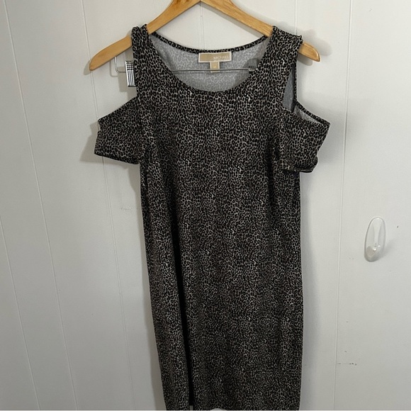 Michael Kors Leopard Print Bodycon Mini Dress with Cold Shoulder Cutouts - Picture 1 of 4
